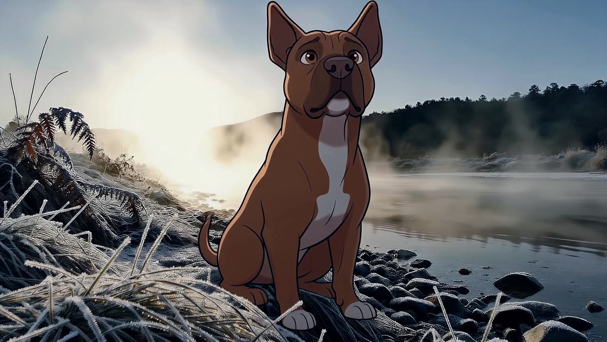 Loki sits by a misty river at frosty dawn